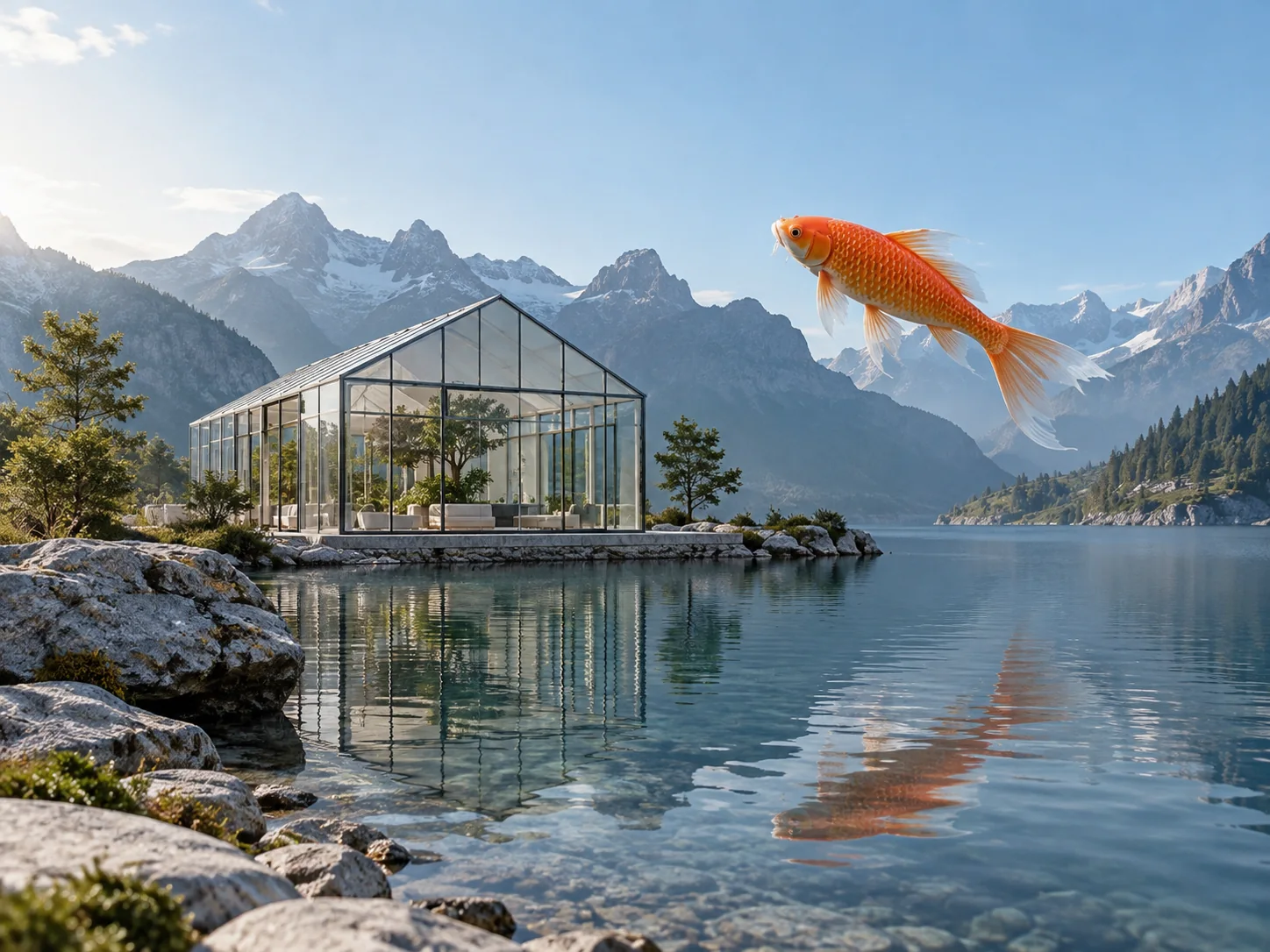 Surreal alpine greenhouse with a floating orange koi fish